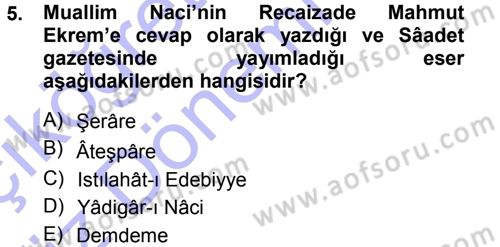 2. Abdülhamit Dönemi Türk Edebiyatı Dersi 2013 - 2014 Yılı (Vize) Ara Sınav Soruları 5. Soru