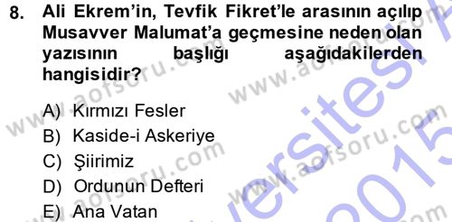 2. Abdülhamit Dönemi Türk Edebiyatı Dersi 2014 - 2015 Yılı (Vize) Ara Sınavı 8. Soru