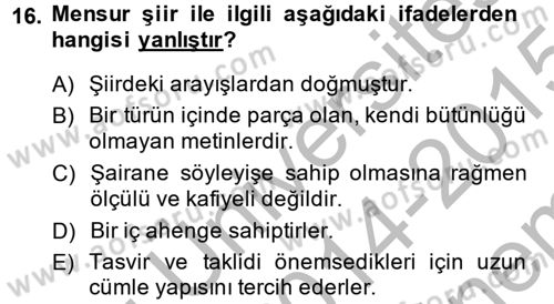 2. Abdülhamit Dönemi Türk Edebiyatı Dersi 2014 - 2015 Yılı (Final) Dönem Sonu Sınav Soruları 16. Soru