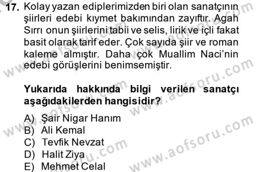 2. Abdülhamit Dönemi Türk Edebiyatı Dersi 2014 - 2015 Yılı (Final) Dönem Sonu Sınav Soruları 17. Soru