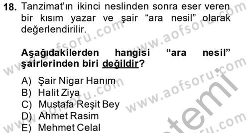 2. Abdülhamit Dönemi Türk Edebiyatı Dersi 2014 - 2015 Yılı (Final) Dönem Sonu Sınav Soruları 18. Soru