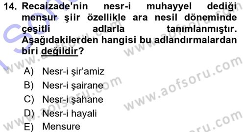2. Abdülhamit Dönemi Türk Edebiyatı Dersi 2015 - 2016 Yılı (Final) Dönem Sonu Sınav Soruları 14. Soru