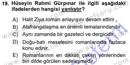 2. Abdülhamit Dönemi Türk Edebiyatı Dersi 2015 - 2016 Yılı (Final) Dönem Sonu Sınav Soruları 19. Soru