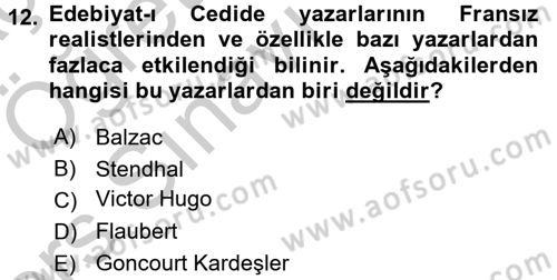 2. Abdülhamit Dönemi Türk Edebiyatı Dersi 2016 - 2017 Yılı 3 Ders Sınavı 12. Soru