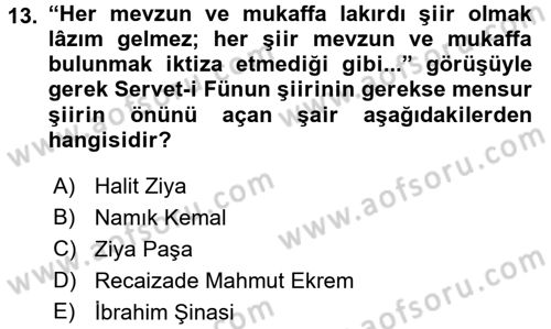 2. Abdülhamit Dönemi Türk Edebiyatı Dersi 2016 - 2017 Yılı 3 Ders Sınav Soruları 13. Soru