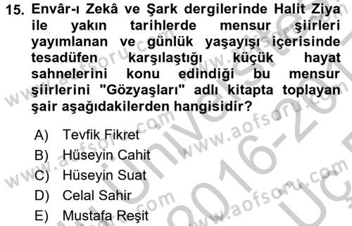 2. Abdülhamit Dönemi Türk Edebiyatı Dersi 2016 - 2017 Yılı 3 Ders Sınav Soruları 15. Soru