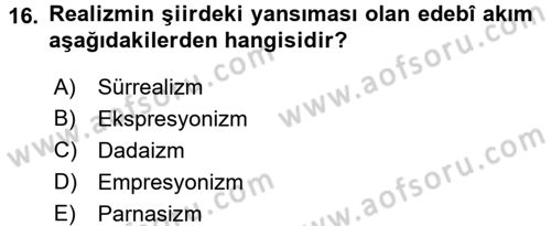 2. Abdülhamit Dönemi Türk Edebiyatı Dersi 2016 - 2017 Yılı 3 Ders Sınav Soruları 16. Soru