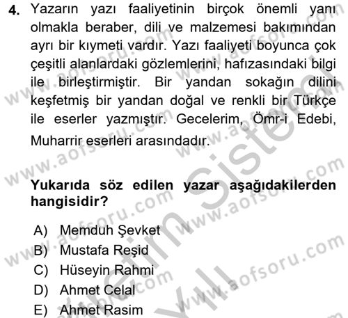 2. Abdülhamit Dönemi Türk Edebiyatı Dersi 2016 - 2017 Yılı 3 Ders Sınav Soruları 4. Soru