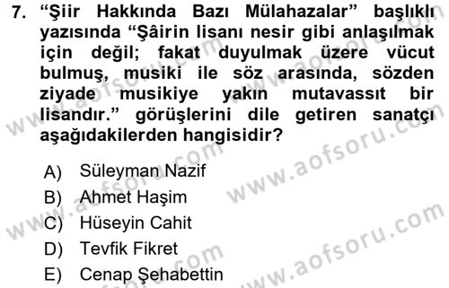 2. Abdülhamit Dönemi Türk Edebiyatı Dersi 2016 - 2017 Yılı 3 Ders Sınav Soruları 7. Soru