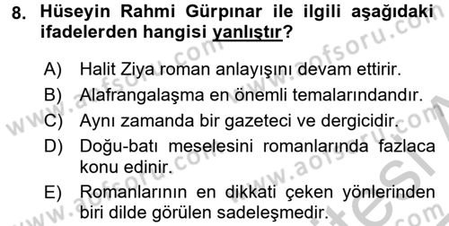 2. Abdülhamit Dönemi Türk Edebiyatı Dersi 2016 - 2017 Yılı 3 Ders Sınav Soruları 8. Soru