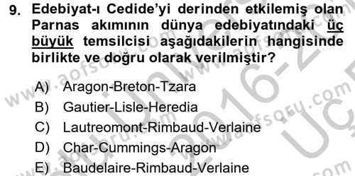 2. Abdülhamit Dönemi Türk Edebiyatı Dersi 2016 - 2017 Yılı 3 Ders Sınav Soruları 9. Soru