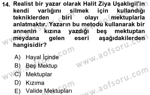 2. Abdülhamit Dönemi Türk Edebiyatı Dersi 2016 - 2017 Yılı (Vize) Ara Sınav Soruları 14. Soru