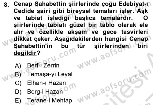 2. Abdülhamit Dönemi Türk Edebiyatı Dersi 2016 - 2017 Yılı (Vize) Ara Sınav Soruları 8. Soru