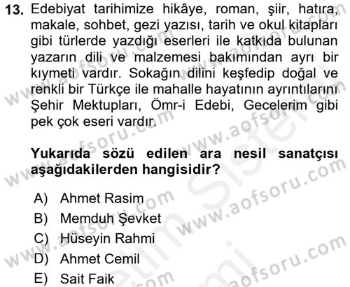 2. Abdülhamit Dönemi Türk Edebiyatı Dersi 2016 - 2017 Yılı (Final) Dönem Sonu Sınav Soruları 13. Soru