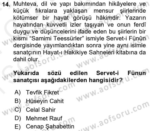 2. Abdülhamit Dönemi Türk Edebiyatı Dersi 2016 - 2017 Yılı (Final) Dönem Sonu Sınav Soruları 14. Soru