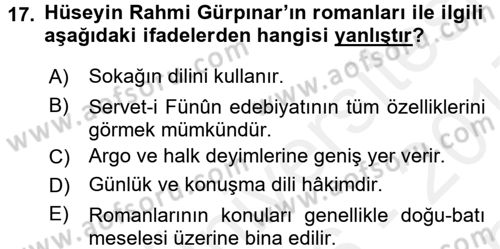 2. Abdülhamit Dönemi Türk Edebiyatı Dersi 2016 - 2017 Yılı (Final) Dönem Sonu Sınavı 17. Soru