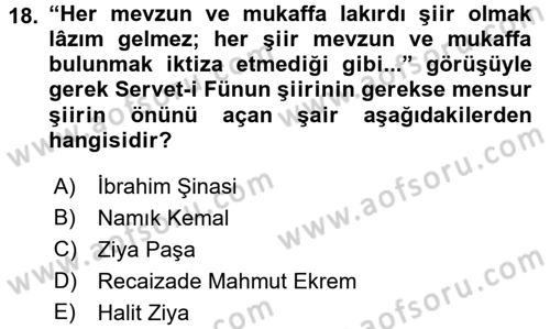 2. Abdülhamit Dönemi Türk Edebiyatı Dersi 2016 - 2017 Yılı (Final) Dönem Sonu Sınav Soruları 18. Soru