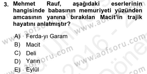 2. Abdülhamit Dönemi Türk Edebiyatı Dersi 2016 - 2017 Yılı (Final) Dönem Sonu Sınavı 3. Soru