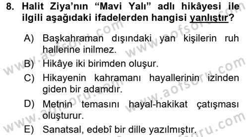 2. Abdülhamit Dönemi Türk Edebiyatı Dersi 2016 - 2017 Yılı (Final) Dönem Sonu Sınav Soruları 8. Soru