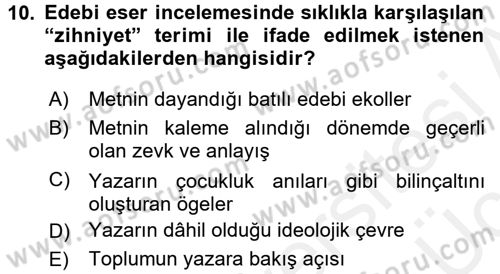 2. Abdülhamit Dönemi Türk Edebiyatı Dersi 2017 - 2018 Yılı 3 Ders Sınavı 10. Soru