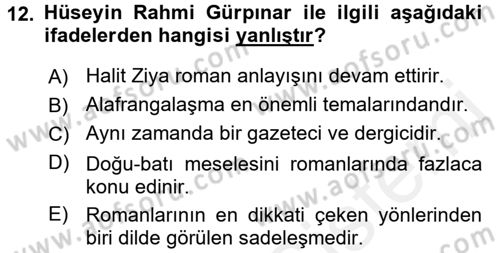 2. Abdülhamit Dönemi Türk Edebiyatı Dersi 2017 - 2018 Yılı 3 Ders Sınavı 12. Soru