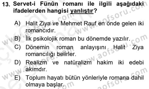 2. Abdülhamit Dönemi Türk Edebiyatı Dersi 2017 - 2018 Yılı 3 Ders Sınavı 13. Soru