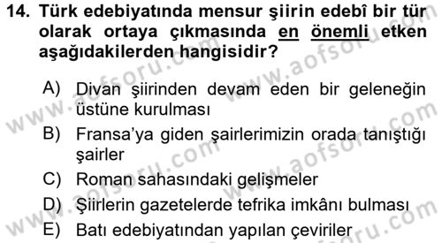 2. Abdülhamit Dönemi Türk Edebiyatı Dersi 2017 - 2018 Yılı 3 Ders Sınavı 14. Soru