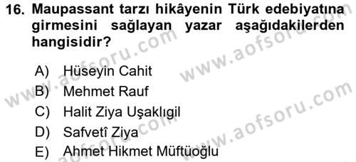 2. Abdülhamit Dönemi Türk Edebiyatı Dersi 2017 - 2018 Yılı 3 Ders Sınavı 16. Soru