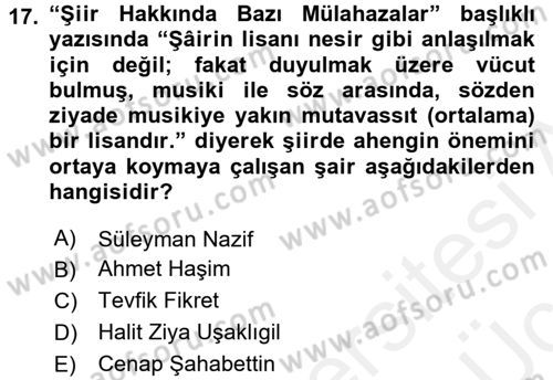 2. Abdülhamit Dönemi Türk Edebiyatı Dersi 2017 - 2018 Yılı 3 Ders Sınavı 17. Soru