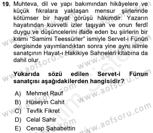 2. Abdülhamit Dönemi Türk Edebiyatı Dersi 2017 - 2018 Yılı 3 Ders Sınavı 19. Soru