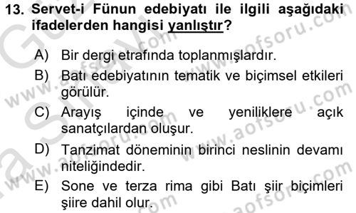 2. Abdülhamit Dönemi Türk Edebiyatı Dersi 2017 - 2018 Yılı (Vize) Ara Sınavı 13. Soru