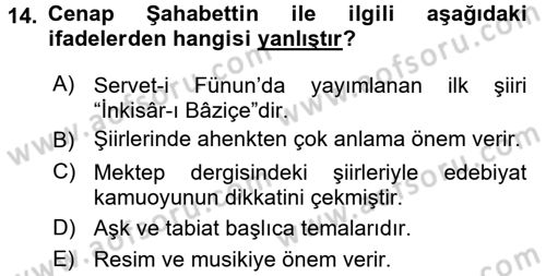 2. Abdülhamit Dönemi Türk Edebiyatı Dersi 2017 - 2018 Yılı (Vize) Ara Sınavı 14. Soru