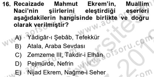 2. Abdülhamit Dönemi Türk Edebiyatı Dersi 2017 - 2018 Yılı (Vize) Ara Sınavı 16. Soru