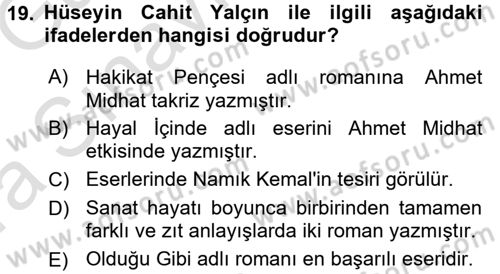 2. Abdülhamit Dönemi Türk Edebiyatı Dersi 2017 - 2018 Yılı (Vize) Ara Sınavı 19. Soru