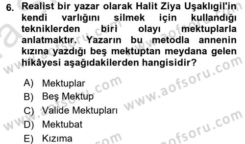 2. Abdülhamit Dönemi Türk Edebiyatı Dersi 2017 - 2018 Yılı (Vize) Ara Sınavı 6. Soru