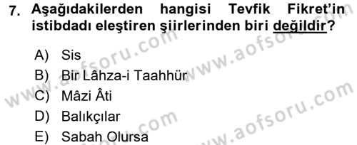 2. Abdülhamit Dönemi Türk Edebiyatı Dersi 2017 - 2018 Yılı (Vize) Ara Sınavı 7. Soru