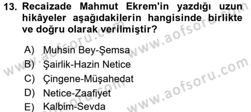 2. Abdülhamit Dönemi Türk Edebiyatı Dersi 2017 - 2018 Yılı (Final) Dönem Sonu Sınavı 13. Soru