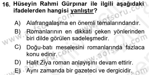 2. Abdülhamit Dönemi Türk Edebiyatı Dersi 2017 - 2018 Yılı (Final) Dönem Sonu Sınav Soruları 16. Soru