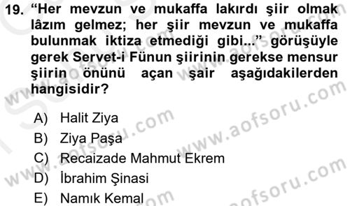 2. Abdülhamit Dönemi Türk Edebiyatı Dersi 2017 - 2018 Yılı (Final) Dönem Sonu Sınav Soruları 19. Soru