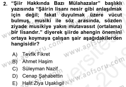 2. Abdülhamit Dönemi Türk Edebiyatı Dersi 2017 - 2018 Yılı (Final) Dönem Sonu Sınav Soruları 2. Soru