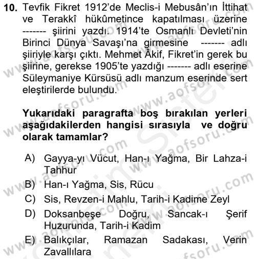 2. Abdülhamit Dönemi Türk Edebiyatı Dersi 2018 - 2019 Yılı (Vize) Ara Sınavı 10. Soru