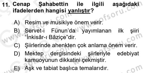 2. Abdülhamit Dönemi Türk Edebiyatı Dersi 2018 - 2019 Yılı (Vize) Ara Sınavı 11. Soru