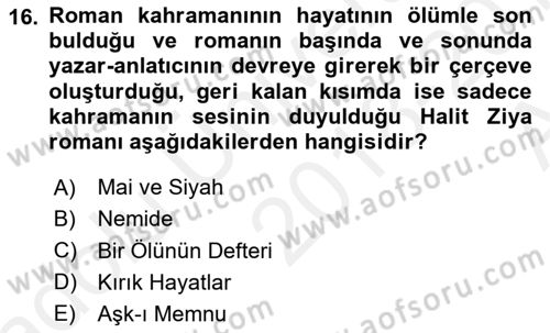 2. Abdülhamit Dönemi Türk Edebiyatı Dersi 2018 - 2019 Yılı (Vize) Ara Sınavı 16. Soru