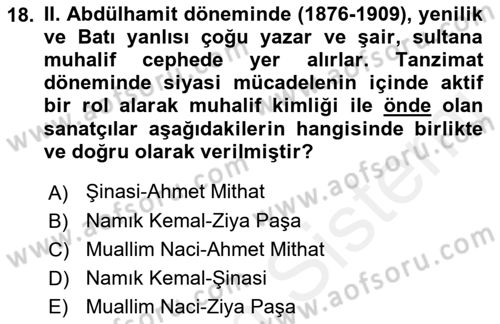 2. Abdülhamit Dönemi Türk Edebiyatı Dersi 2018 - 2019 Yılı (Vize) Ara Sınavı 18. Soru