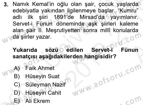 2. Abdülhamit Dönemi Türk Edebiyatı Dersi 2018 - 2019 Yılı (Vize) Ara Sınavı 3. Soru