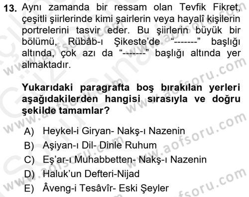 2. Abdülhamit Dönemi Türk Edebiyatı Dersi 2018 - 2019 Yılı (Final) Dönem Sonu Sınavı 13. Soru