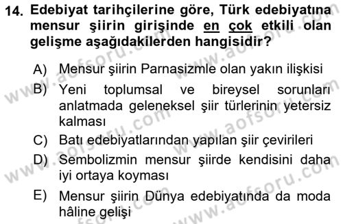 2. Abdülhamit Dönemi Türk Edebiyatı Dersi 2018 - 2019 Yılı (Final) Dönem Sonu Sınavı 14. Soru