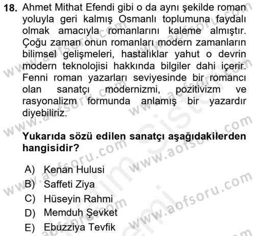 2. Abdülhamit Dönemi Türk Edebiyatı Dersi 2018 - 2019 Yılı (Final) Dönem Sonu Sınavı 18. Soru