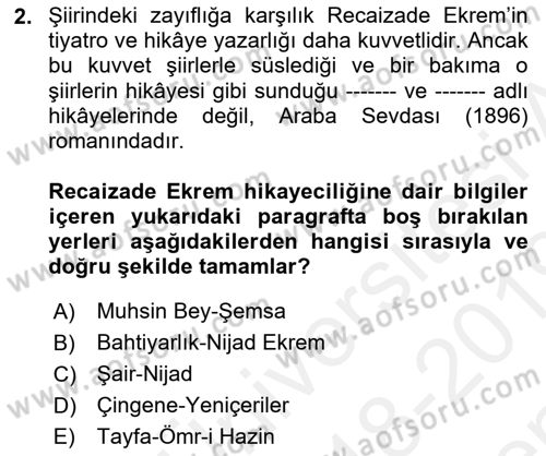 2. Abdülhamit Dönemi Türk Edebiyatı Dersi 2018 - 2019 Yılı (Final) Dönem Sonu Sınavı 2. Soru