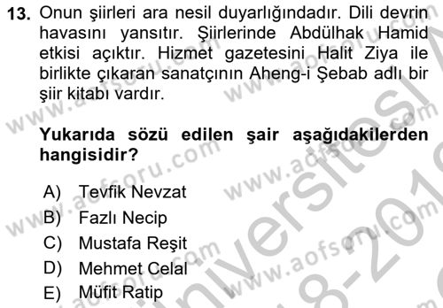 2. Abdülhamit Dönemi Türk Edebiyatı Dersi 2018 - 2019 Yılı Yaz Okulu Sınavı 13. Soru